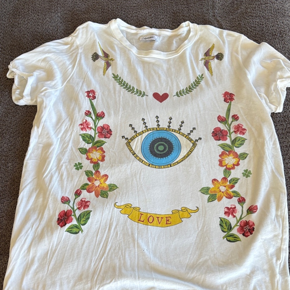 Lauren Moshi White Graphic Tee with Blue Eye & Floral Motif